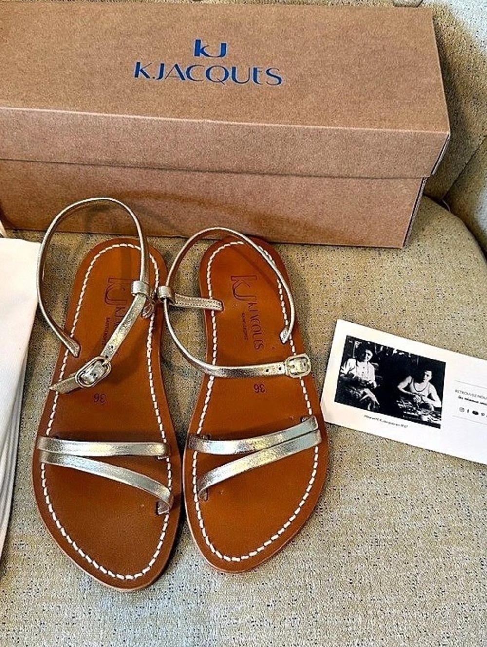 K.Jacques Erka Miel Gold Strappy Flat SANDALS NIB $278 36 5.5 Handmade in France